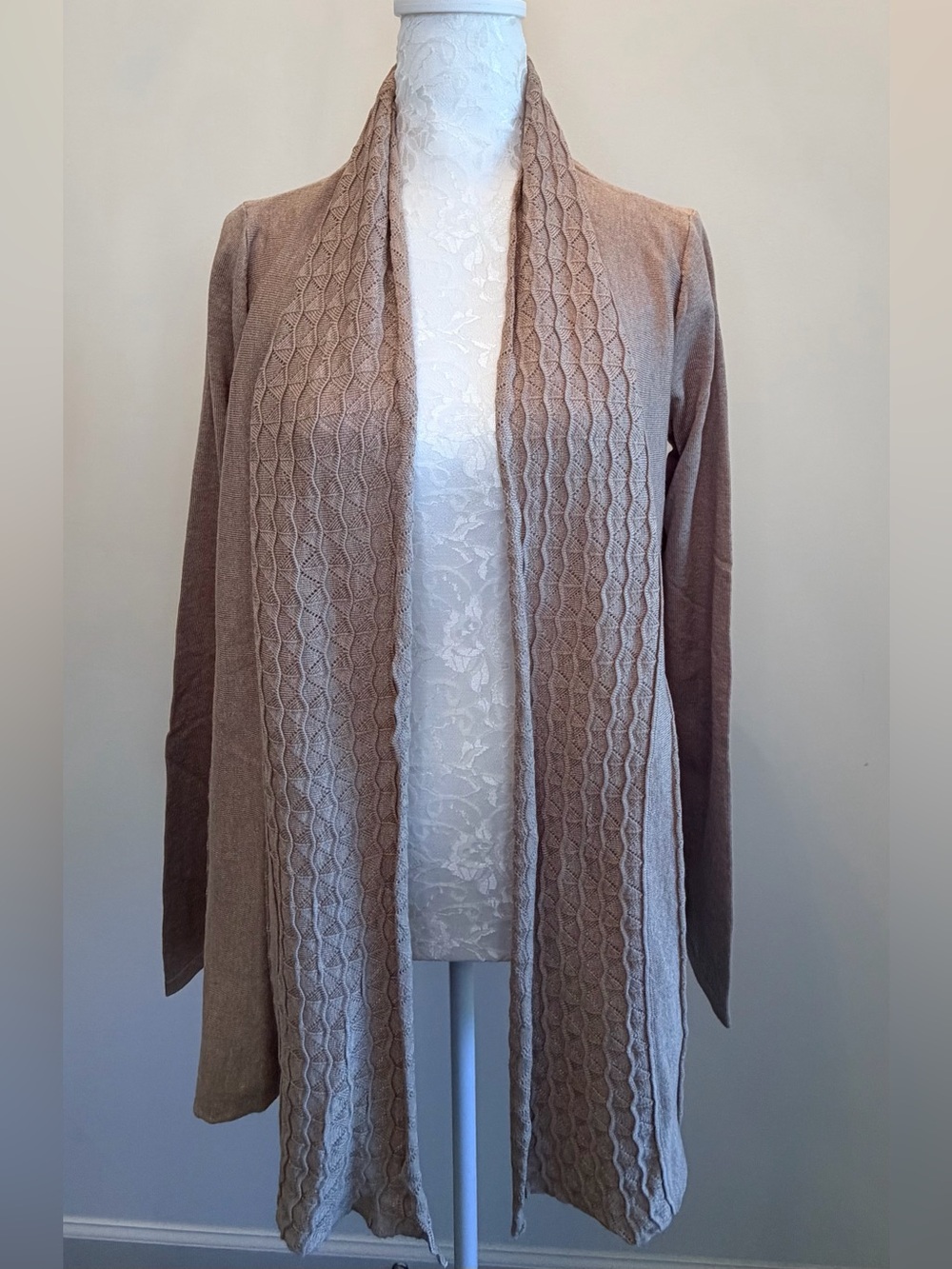 Karen Scott Neutral Taupe Open-Front Cable Trim Cardigan Large NWT‎